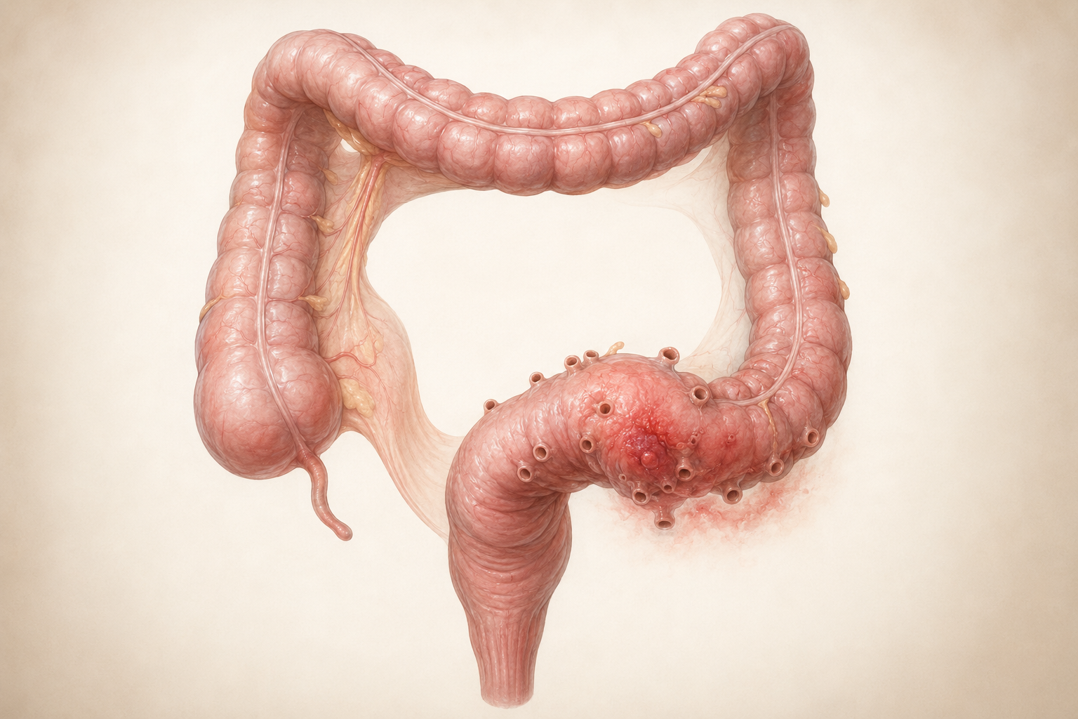 Medical atlas illustration of diverticular disease and diverticulitis
