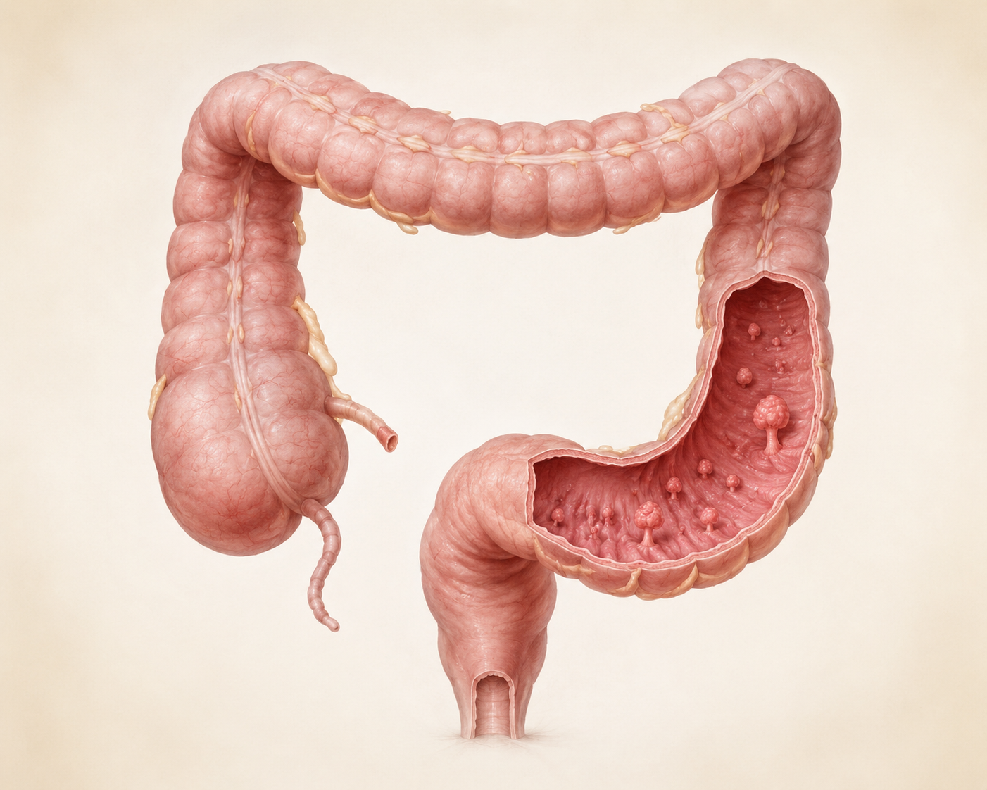 Medical atlas illustration of colorectal polyps and polyposis