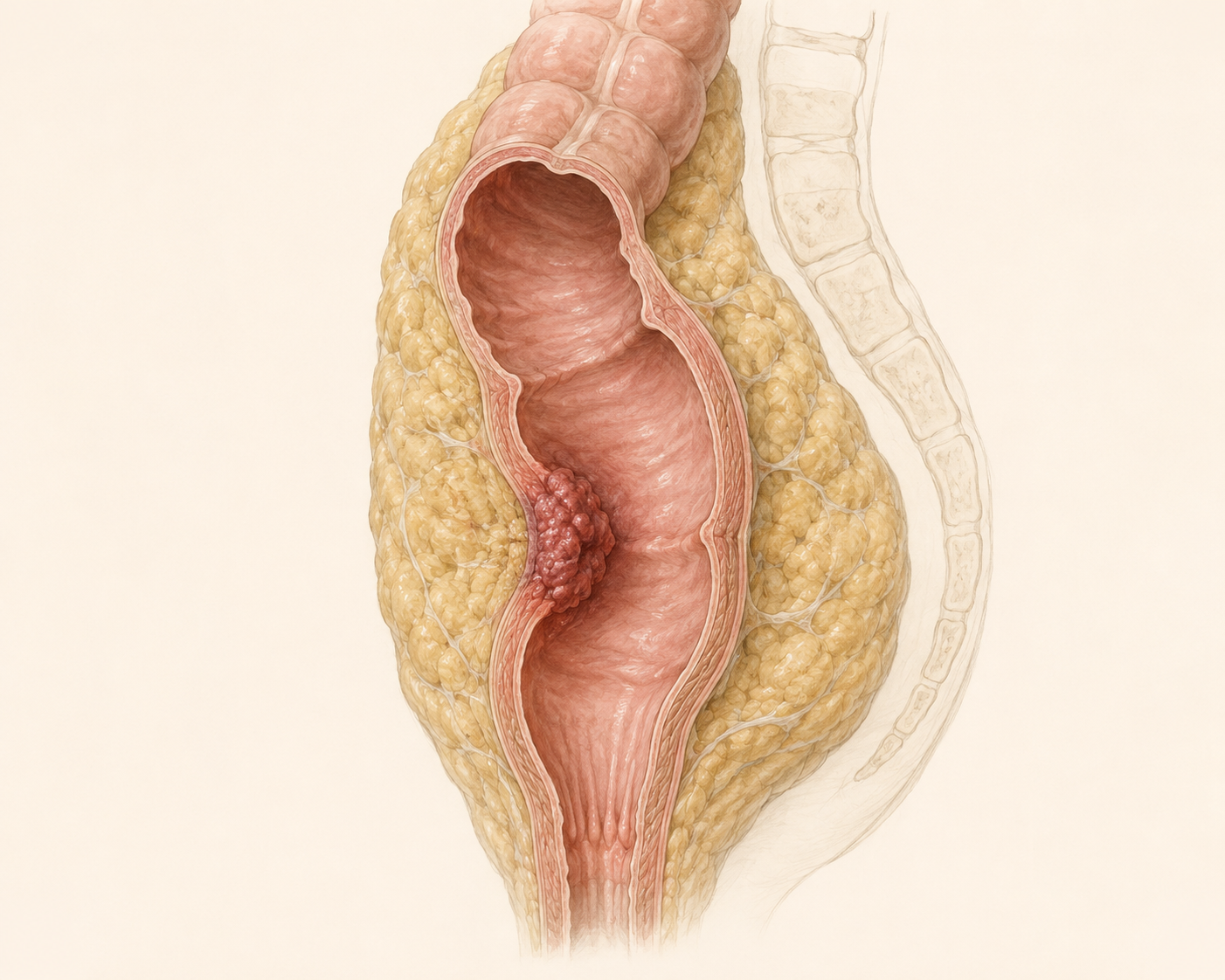 Medical atlas illustration of rectal cancer in the pelvis