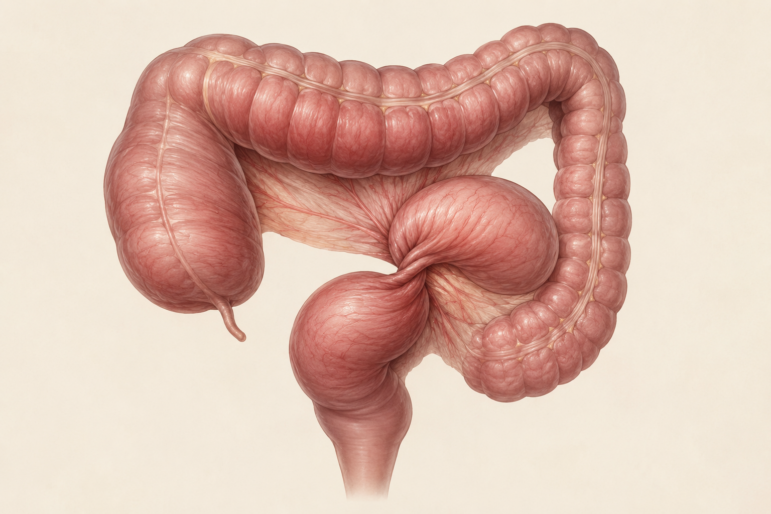 Medical atlas illustration of colon volvulus and benign obstruction
