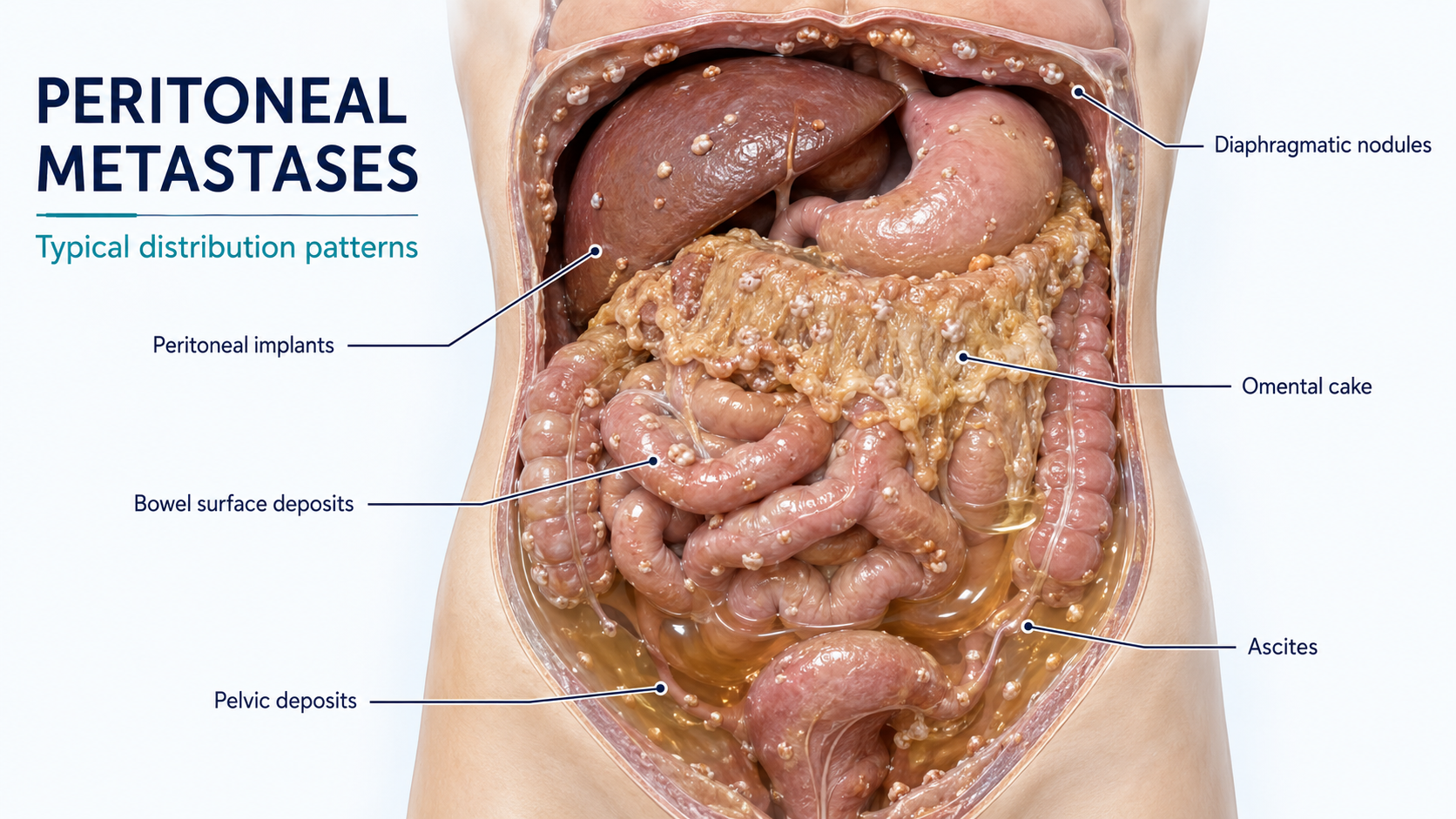 Medical illustration showing typical distribution of peritoneal metastases including diaphragmatic nodules, peritoneal implants, omental cake, bowel surface deposits, pelvic deposits and ascites