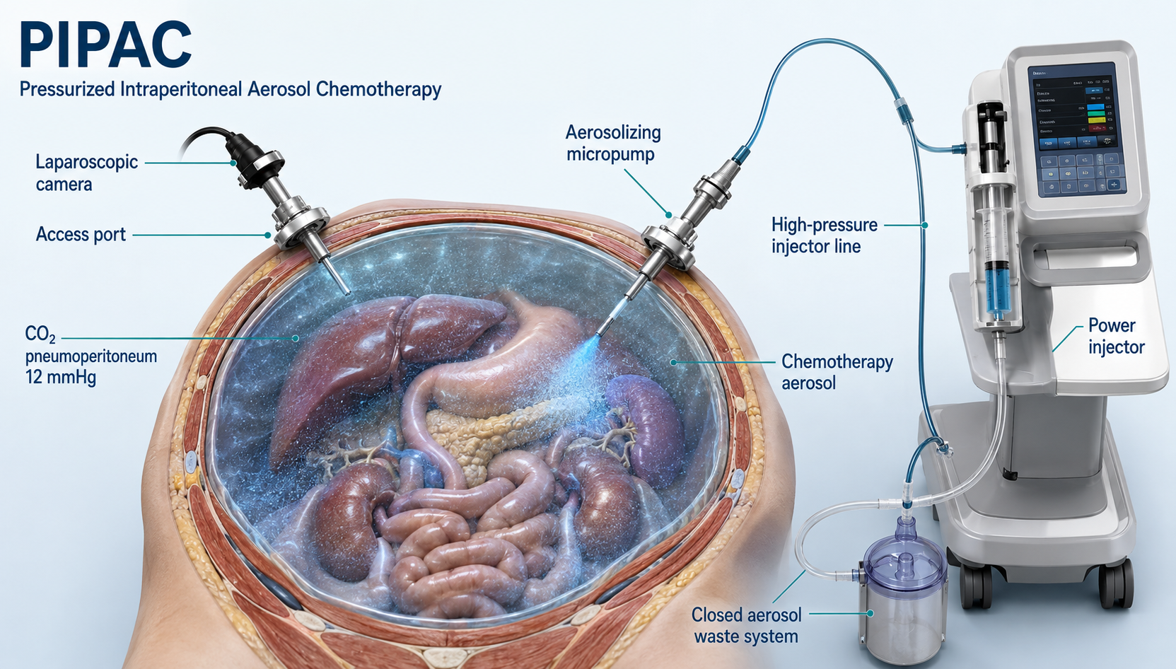 Medical diagram of PIPAC showing laparoscopic access, carbon dioxide pneumoperitoneum, aerosolizing micropump, chemotherapy aerosol, power injector and closed aerosol waste system