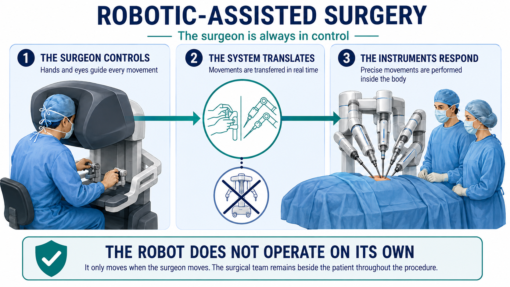 Diagram showing that the surgeon controls the console, the robotic system translates the surgeon's movements in real time, and the instruments respond inside the body