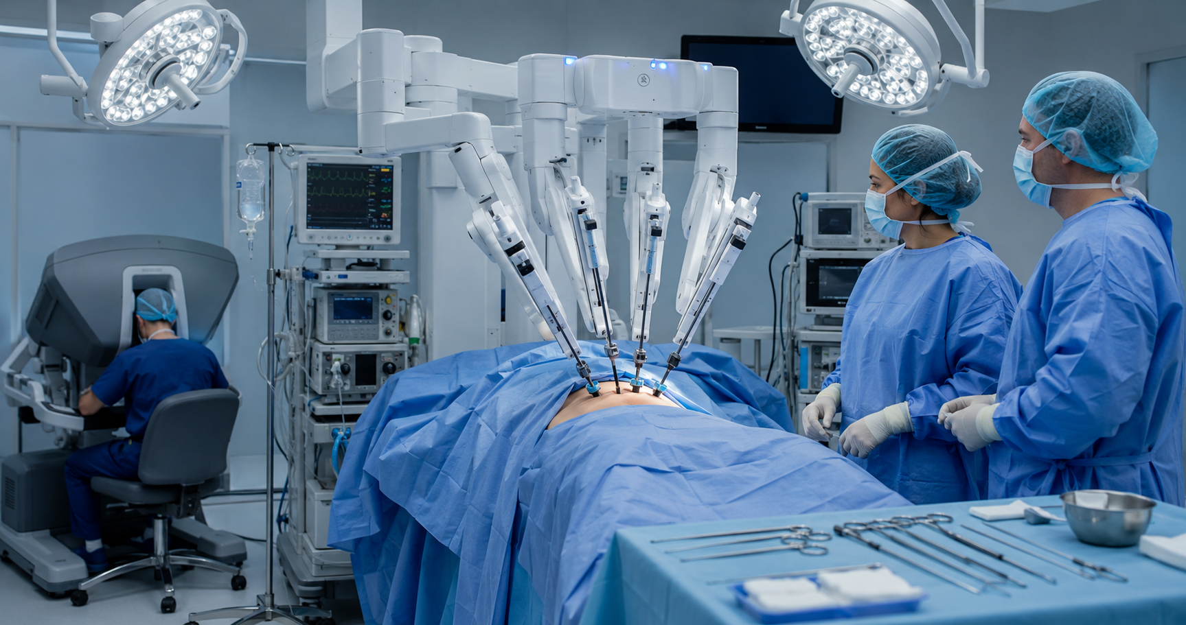 Modern robotic operating theatre with a multi-arm surgical system and clinical team